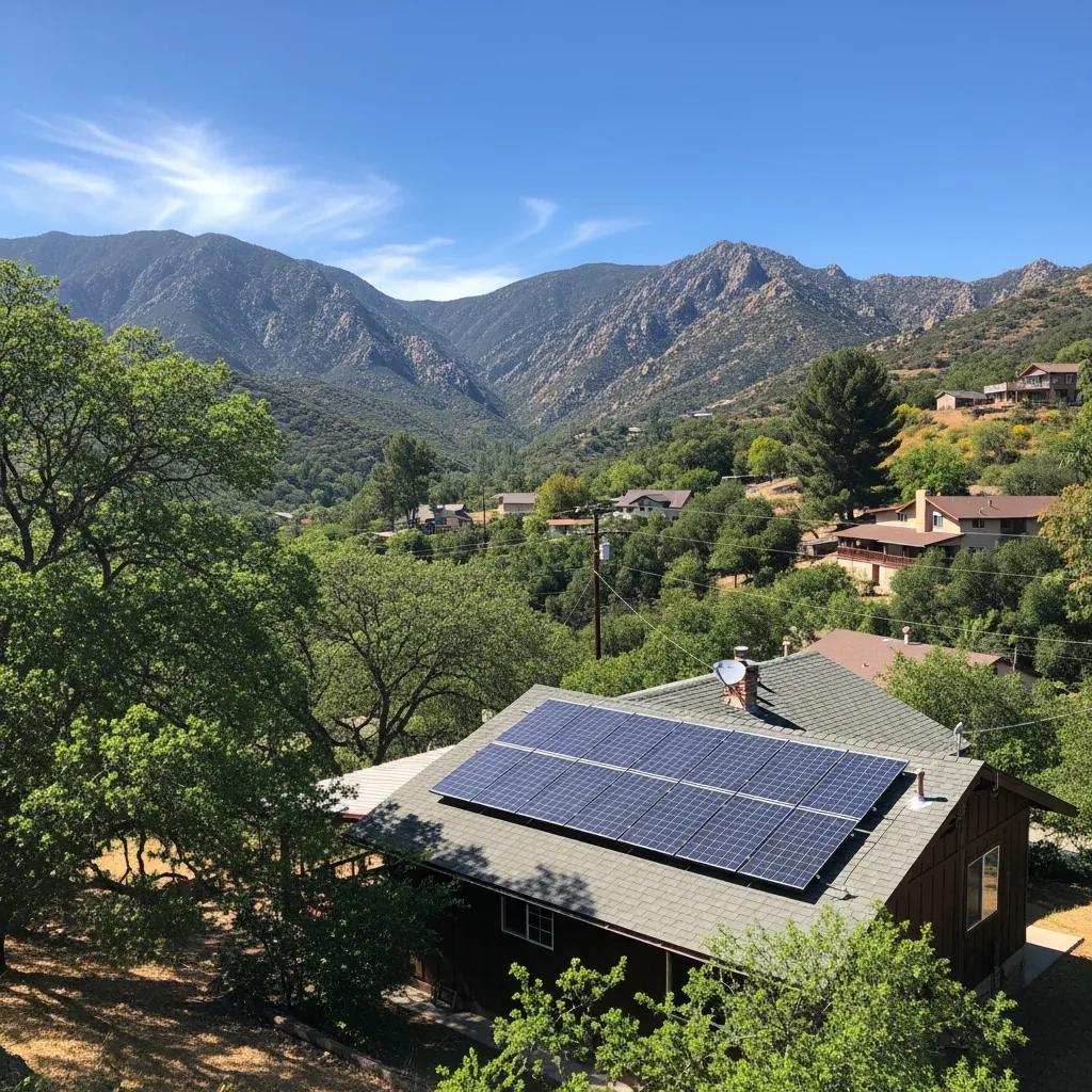 Scenic view of Silverado Canyon with solar panels under bright sunlight, highlighting energy independence