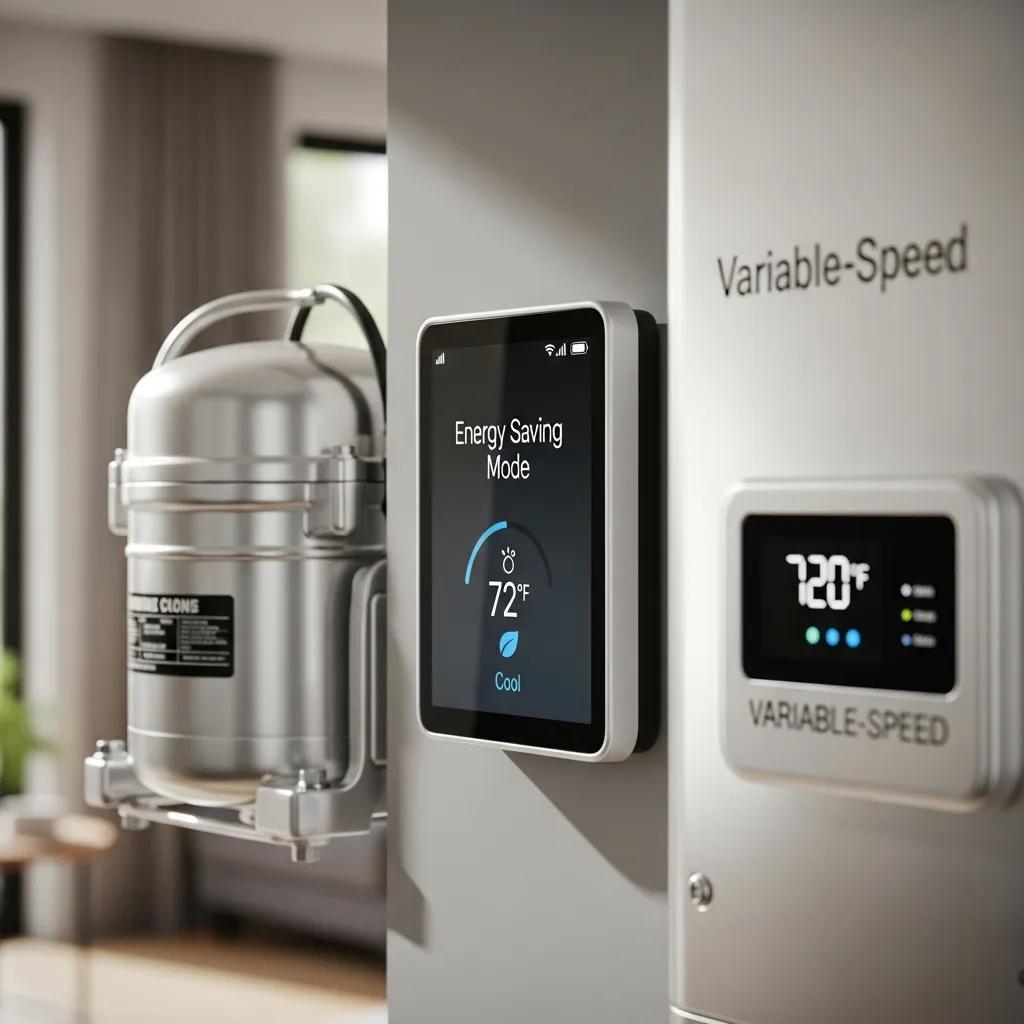 Smart thermostat beside an outdoor variable-speed compressor, highlighting energy-efficiency features