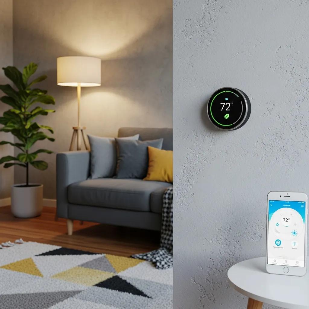 Smart thermostat mounted in a modern living room illustrating smart HVAC control