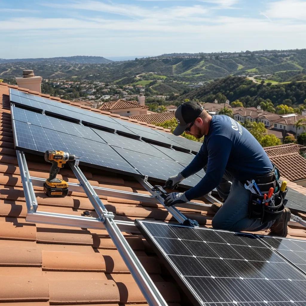 Solar installer working on rooftop of a hillside home in Laguna Niguel