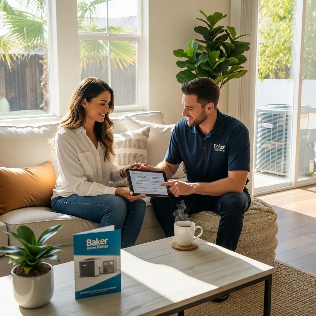 Southern California homeowner discussing HVAC financing options in a cozy living room