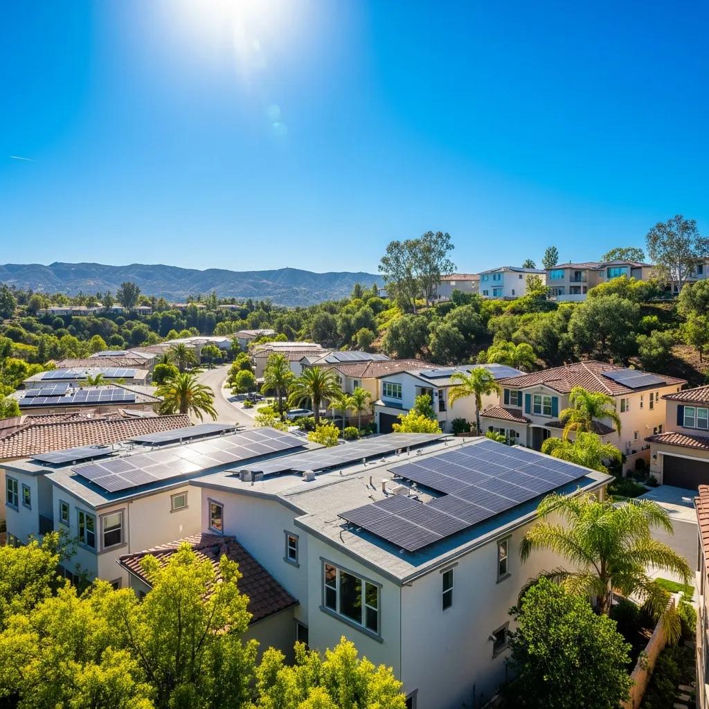 Sunny hillside in Foothill Ranch, CA with solar panels on homes, highlighting ideal solar exposure