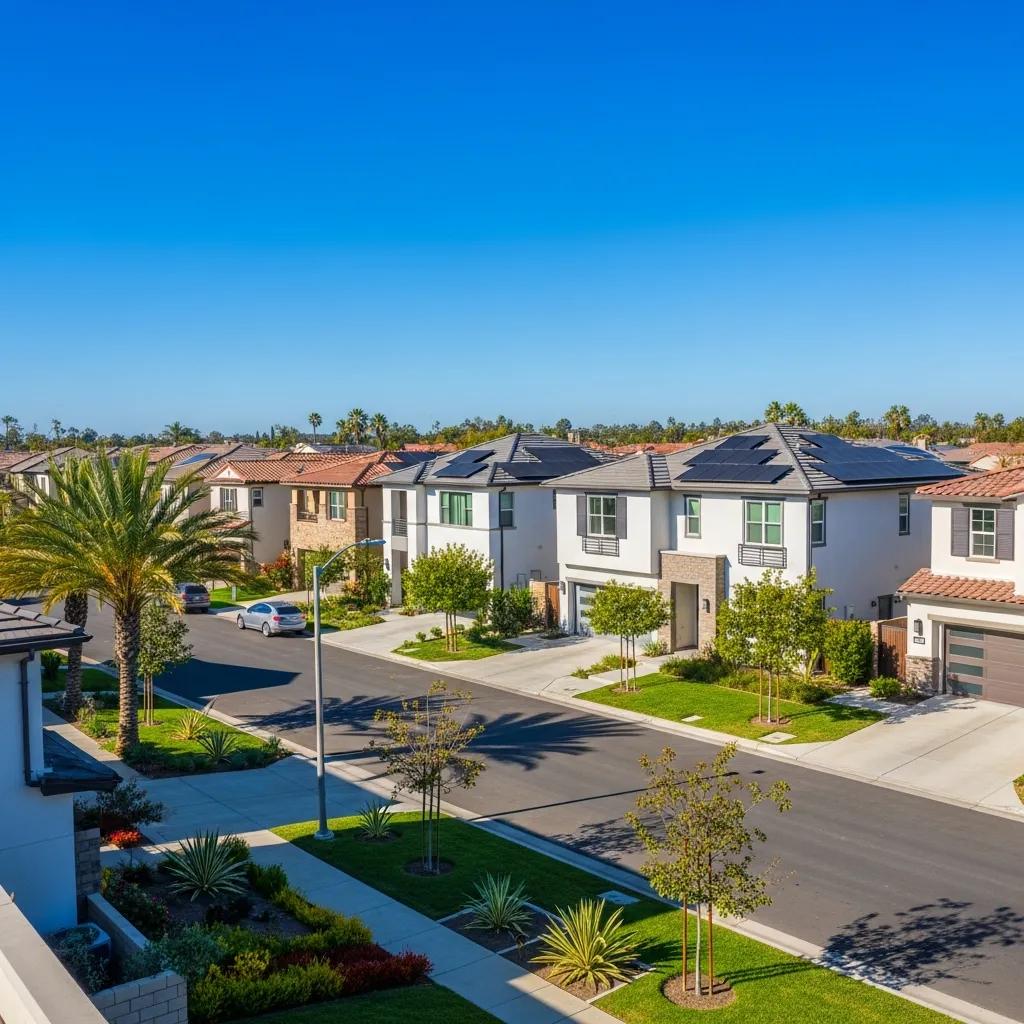 Sunny residential neighborhood in East Irvine with solar panels on homes