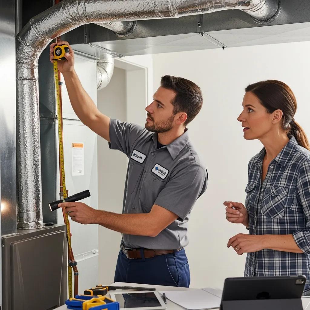 Technician evaluating a home for HVAC installation with homeowner present