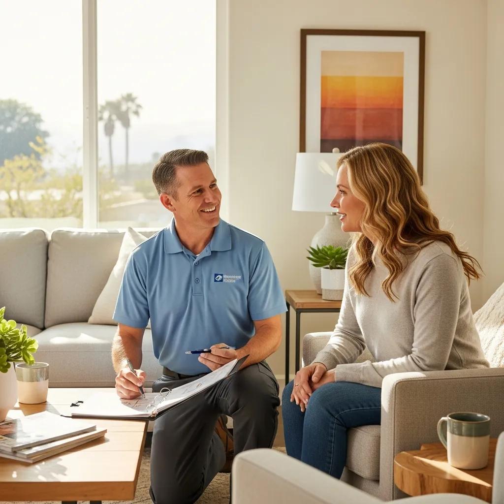 Technician consulting with homeowner about energy-efficient HVAC solutions in a cozy Southern California living room