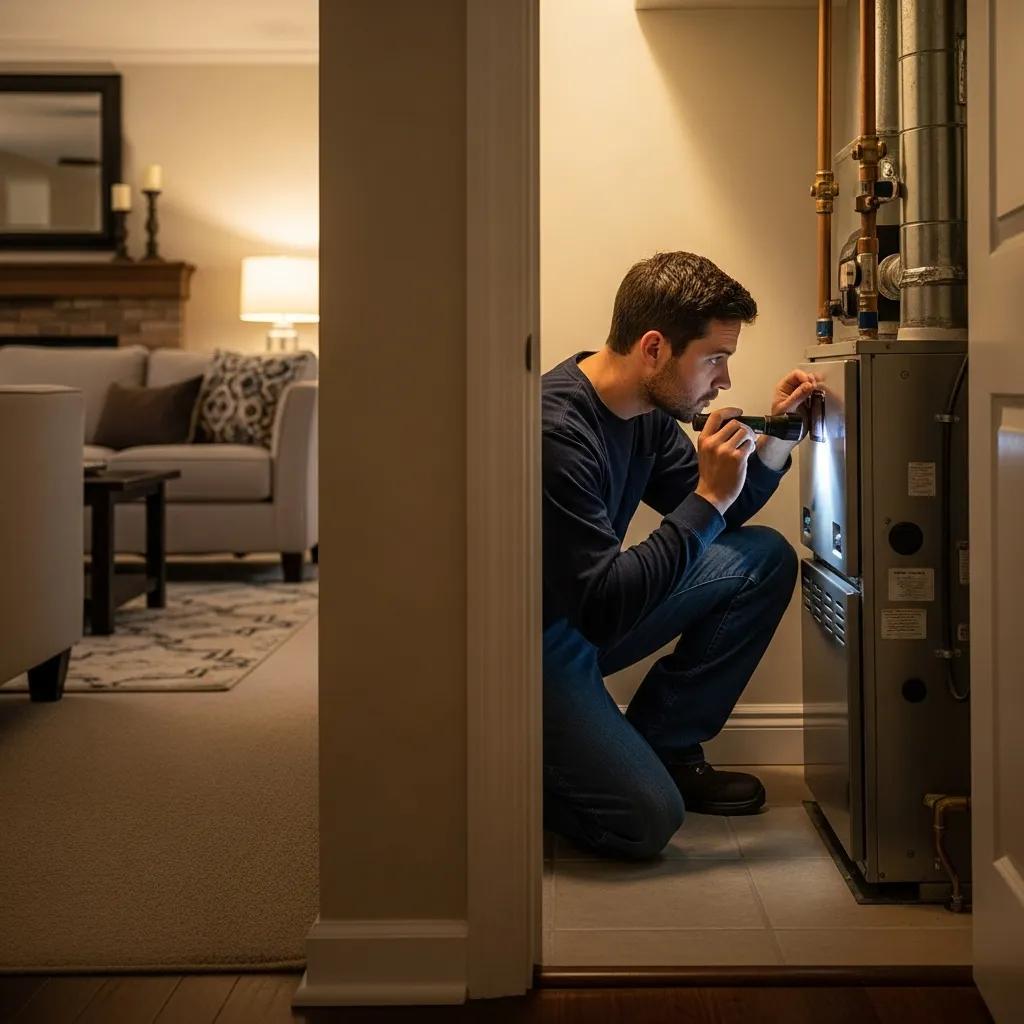 Technician inspecting a furnace in a Bonita home, showcasing heating repair services