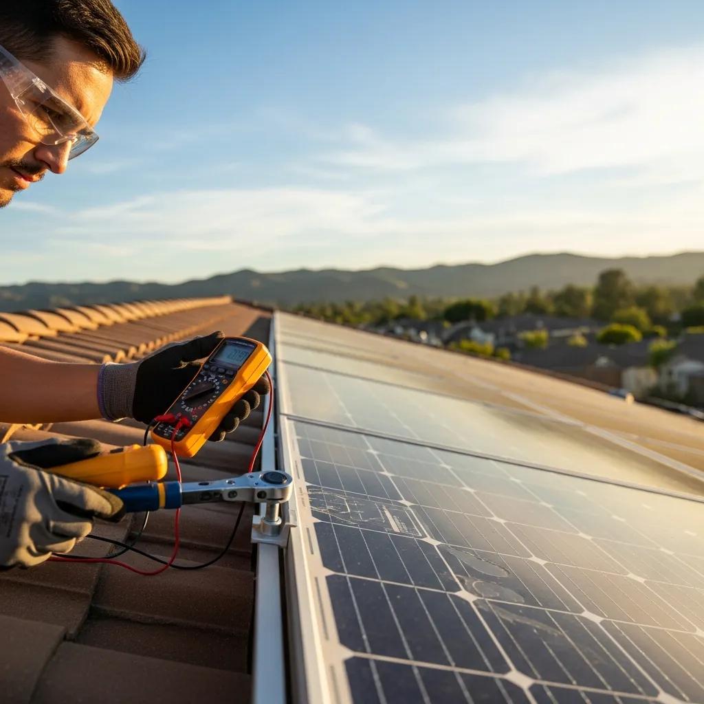 Technician inspecting solar panels on a roof in Foothill Ranch, emphasizing maintenance practices