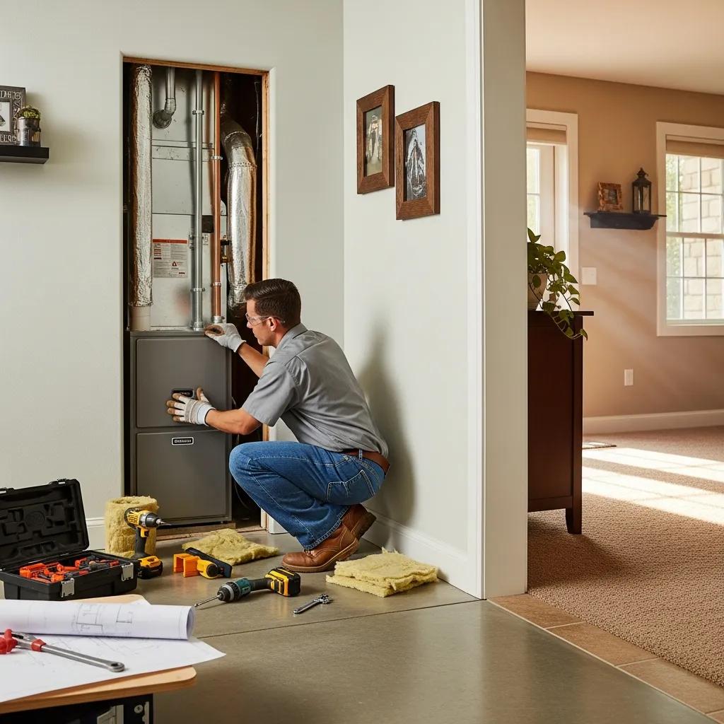 Technician installing a high-efficiency furnace in a San Marcos home