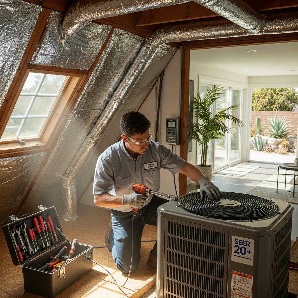 Technician installing a high-efficiency HVAC system inside a Southern California home