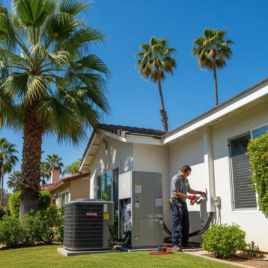 Technician installing HVAC system in Southern California home with palm trees