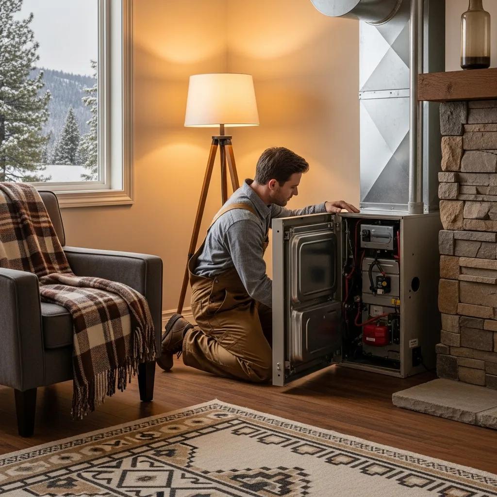 Technician performing maintenance on a heating system in a cozy Alpine home, highlighting the importance of heating maintenance