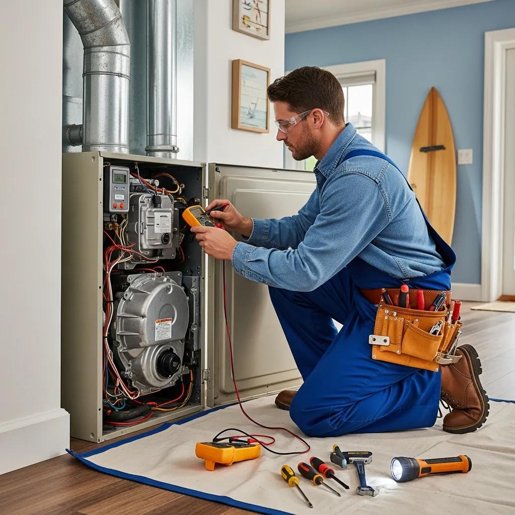 Technician repairing a furnace in a Cardiff by the Sea home, emphasizing local heating repair services