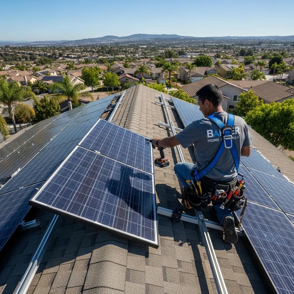 Baker Home Energy technician installing solar panels in El Cajon, CA, demonstrating professional solar solutions