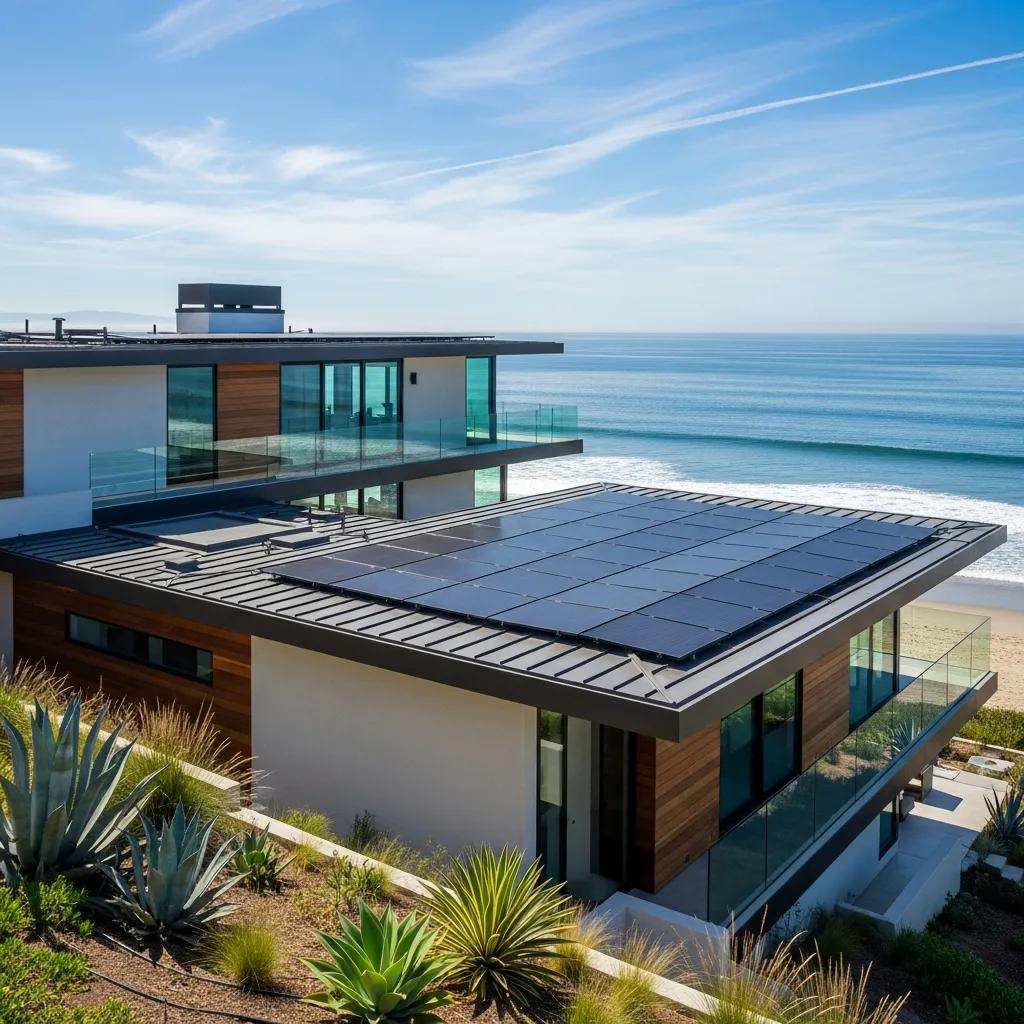 Capistrano Beach home with solar panels under clear blue sky, highlighting sustainable energy solutions