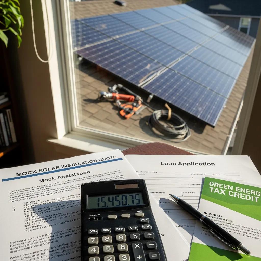 Close-up of solar panels and financial documents, illustrating the costs of solar installation