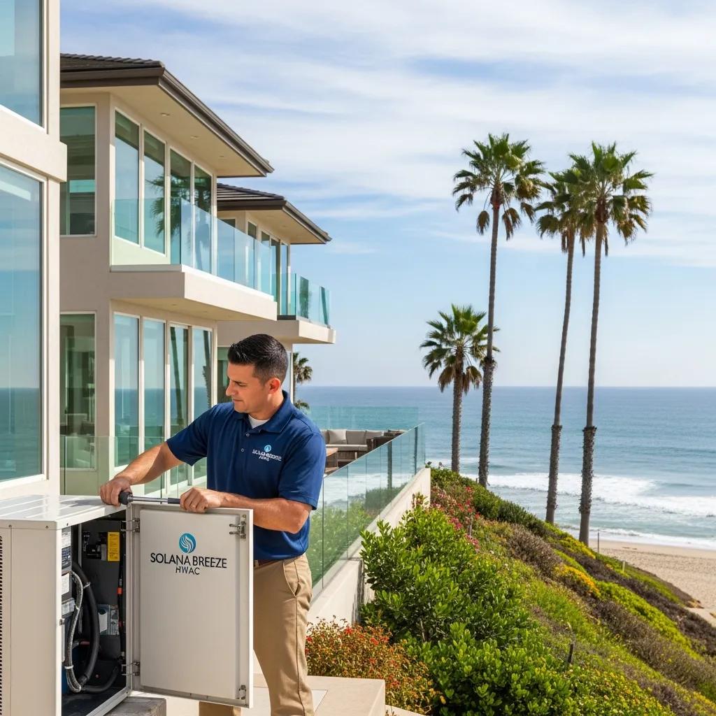 Coastal home HVAC maintenance in Solana Beach, CA, showcasing technician and ocean backdrop