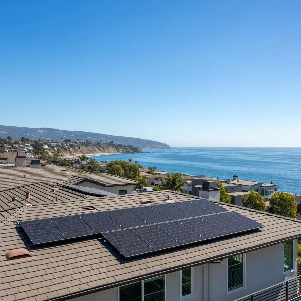 Coastal home in Dana Point, CA with solar panels, emphasizing sustainable energy solutions