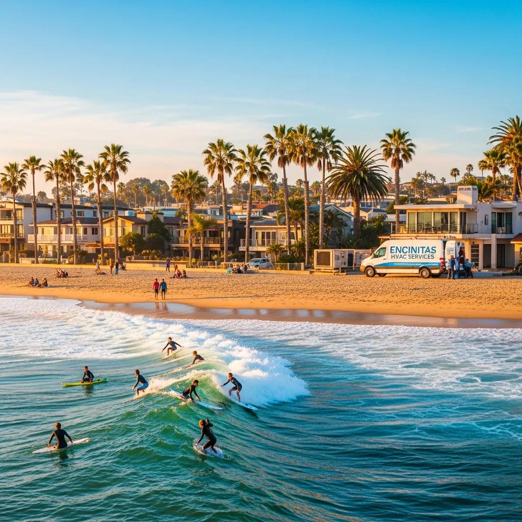 Coastal view of Encinitas, CA, highlighting the beach and surfing culture, relevant to HVAC needs