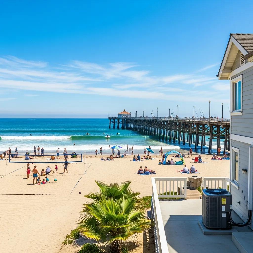 Coastal view of Oceanside, CA with historic pier and HVAC unit, highlighting local HVAC services