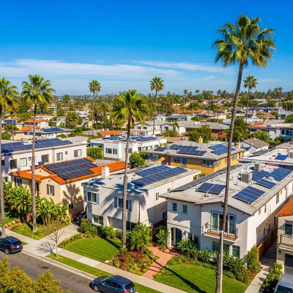 Family discussing solar financing options at home with solar panels visible outside