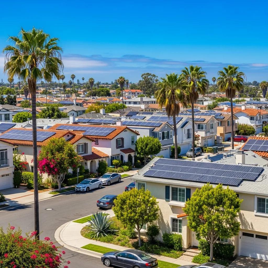 Costa Mesa neighborhood with solar panels under sunny skies, showcasing strong solar potential
