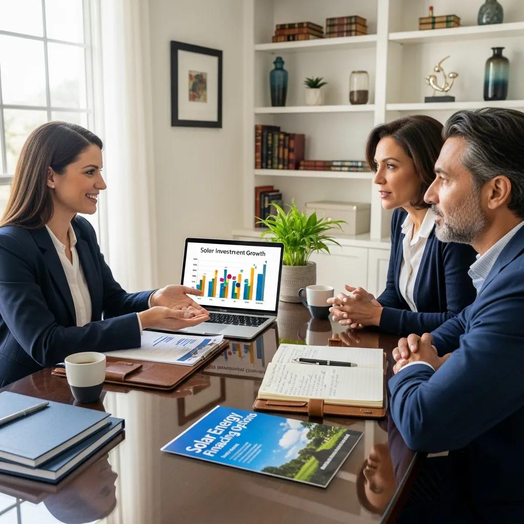 Couple discussing solar financing options with a financial advisor in a modern home office