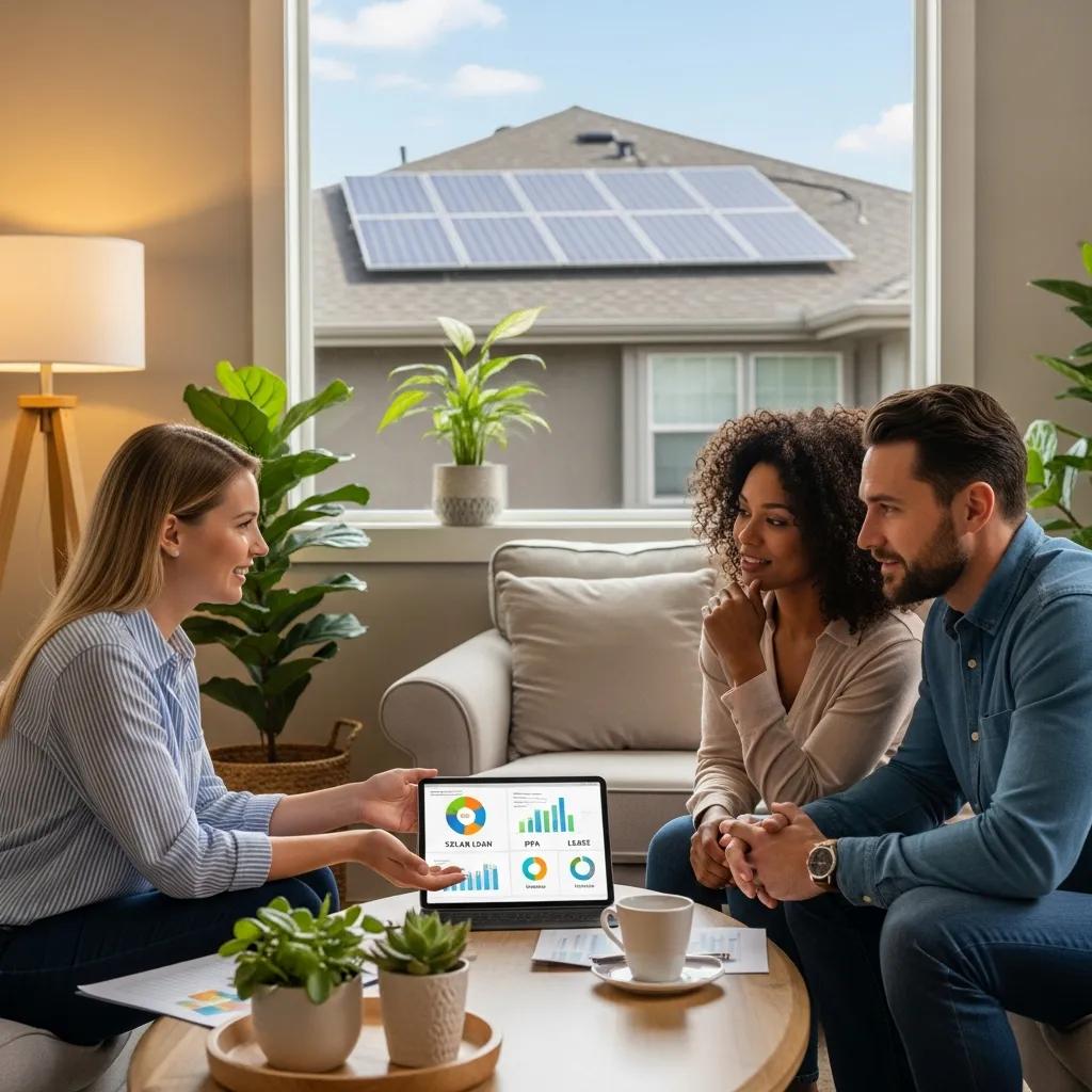 Couple discussing solar financing options with a financial advisor in their home