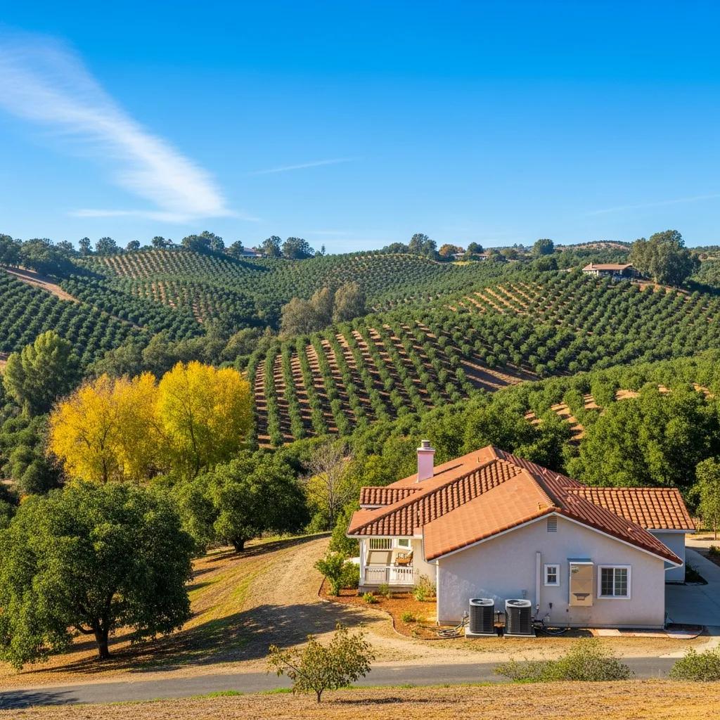 Fallbrook, CA landscape with avocado orchards and a home featuring HVAC systems