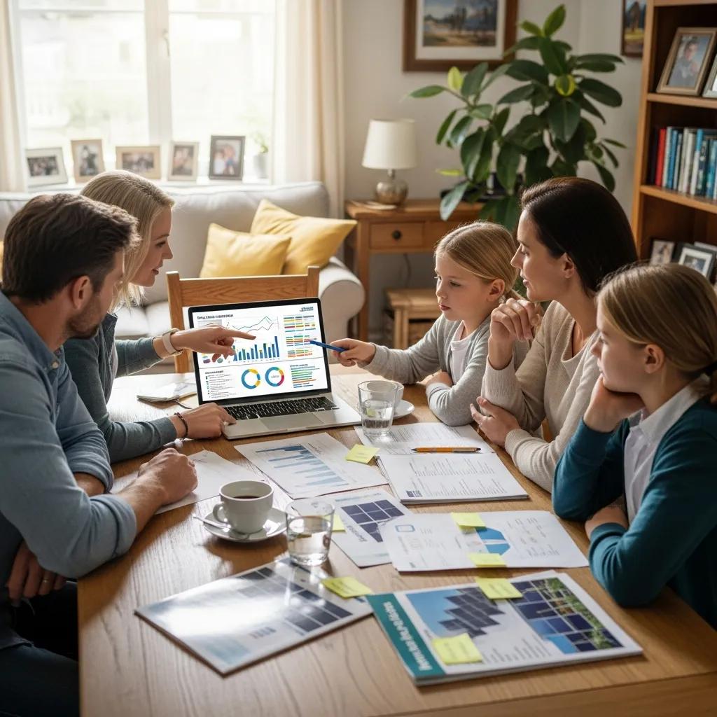 Family consulting with solar expert about financing options for solar installation