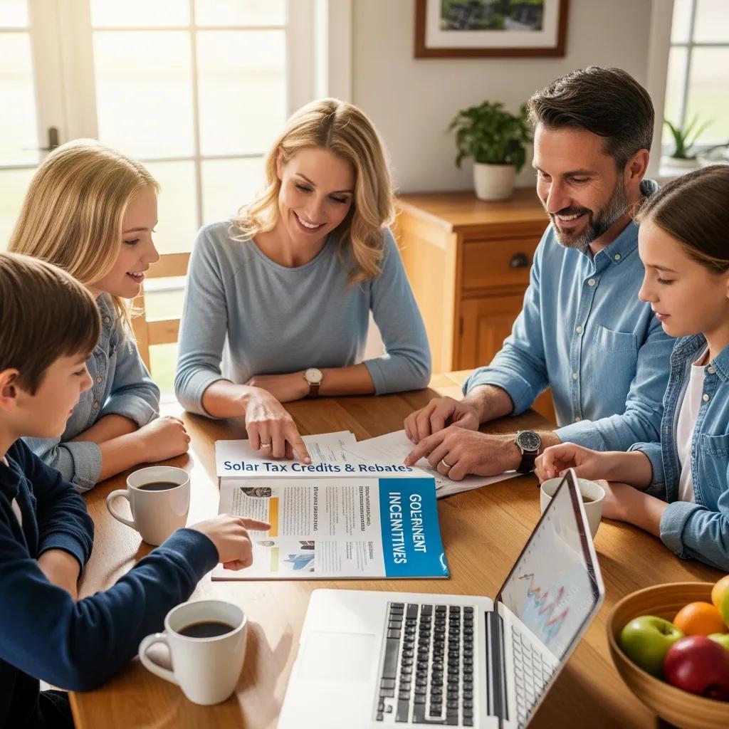 Family discussing solar energy financial incentives at home, highlighting affordability and savings