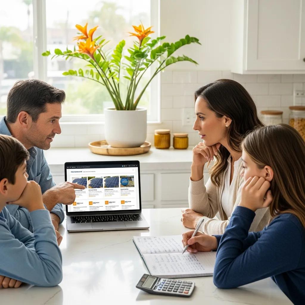Family discussing solar financing options at home, highlighting financial planning for solar energy