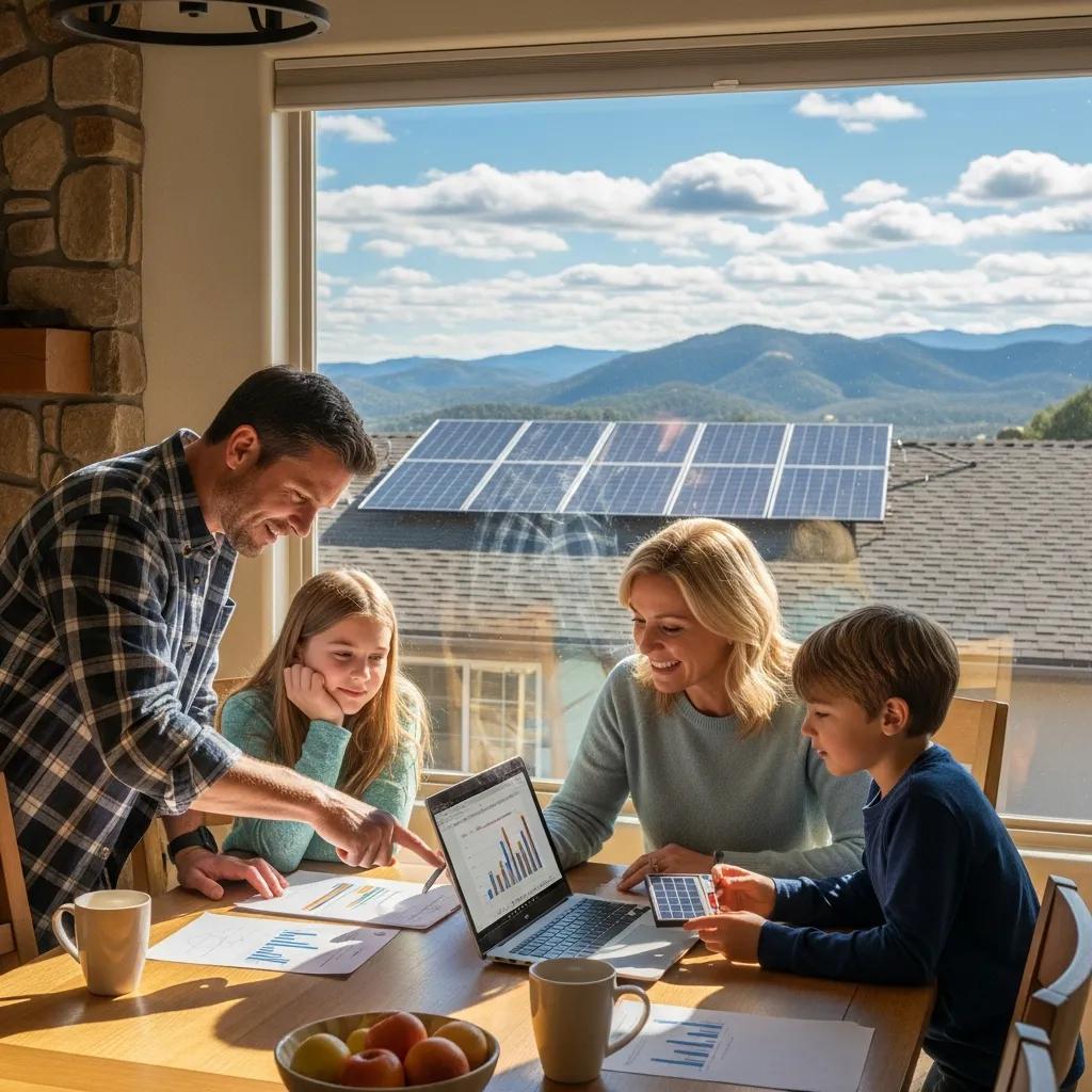 Family discussing solar financing options at home in Julian, CA, with solar panels visible outside