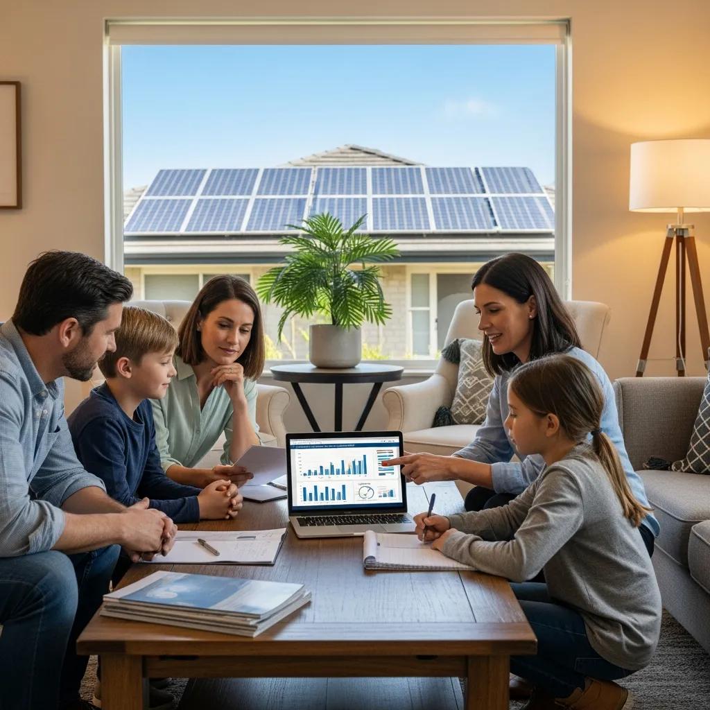 Family discussing solar financing options in a cozy home setting