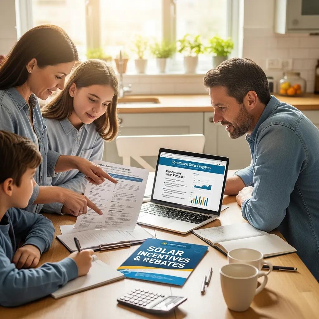 Family discussing solar incentives and rebates in a bright kitchen setting