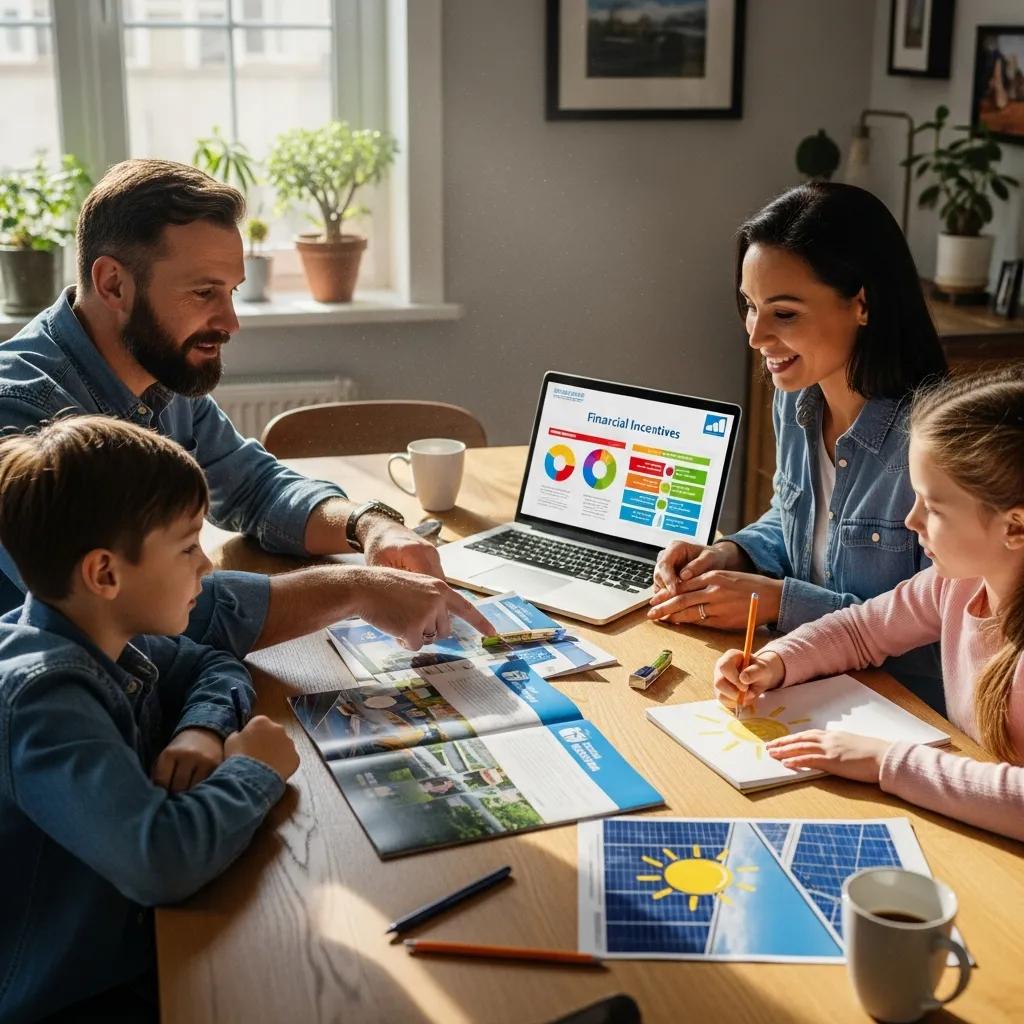 Family discussing solar installation options at home, emphasizing financial incentives and benefits