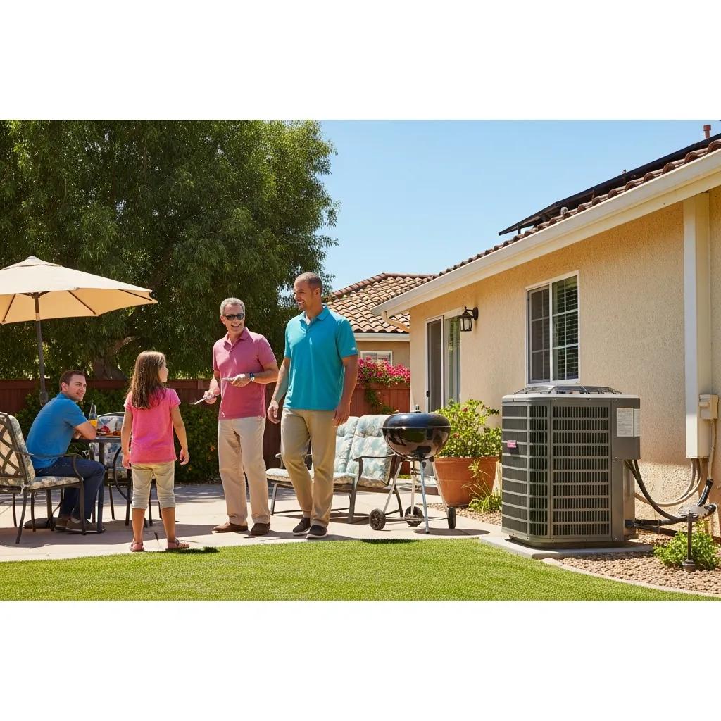 Family enjoying a sunny day in Poway, CA, with an HVAC unit in the background, emphasizing the importance of home comfort