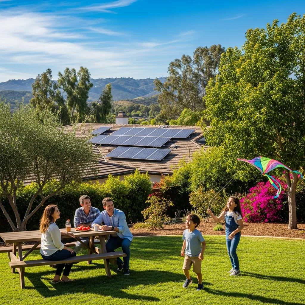 Family enjoying a sustainable lifestyle with solar panels in Escondido, CA, highlighting environmental benefits