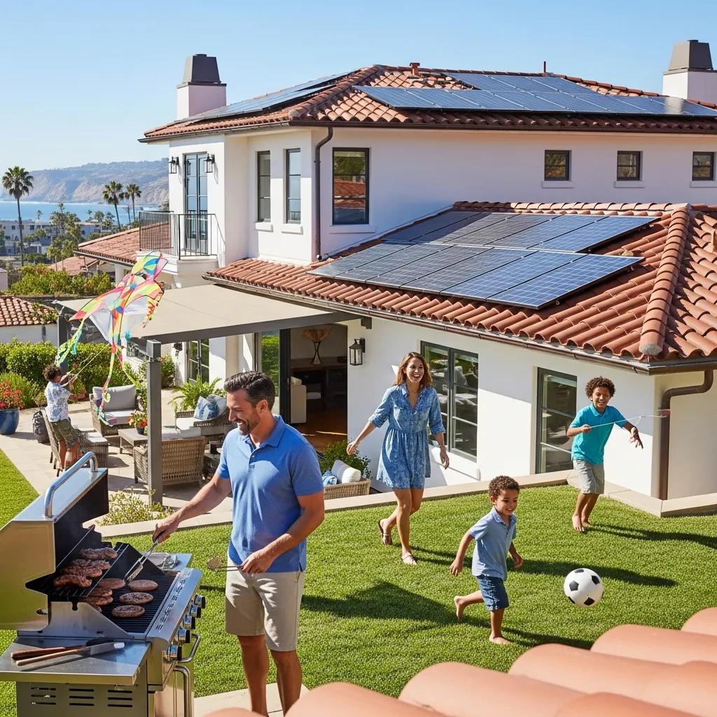 Family enjoying outdoor activities at home with solar panels, illustrating benefits of residential solar energy