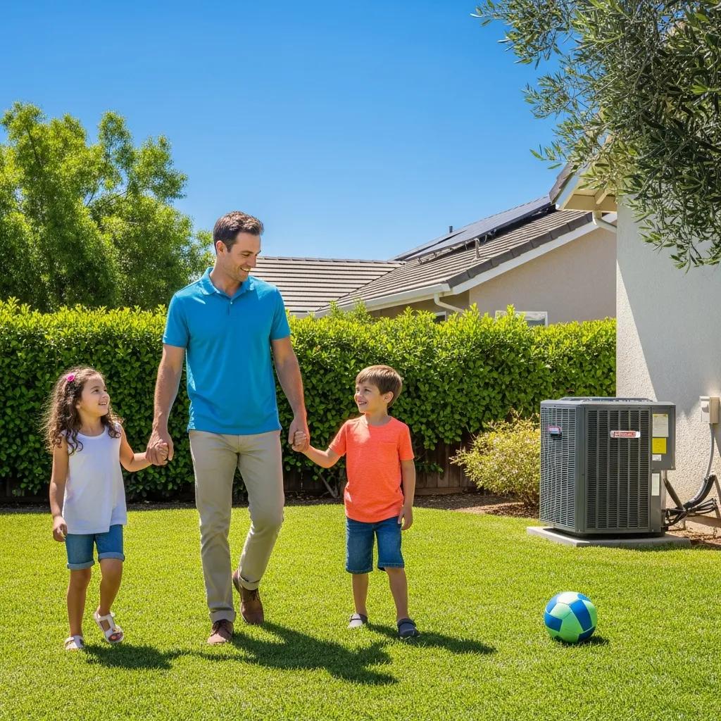 Family enjoying summer in Santee, CA, with an air conditioning unit in the background, highlighting HVAC needs