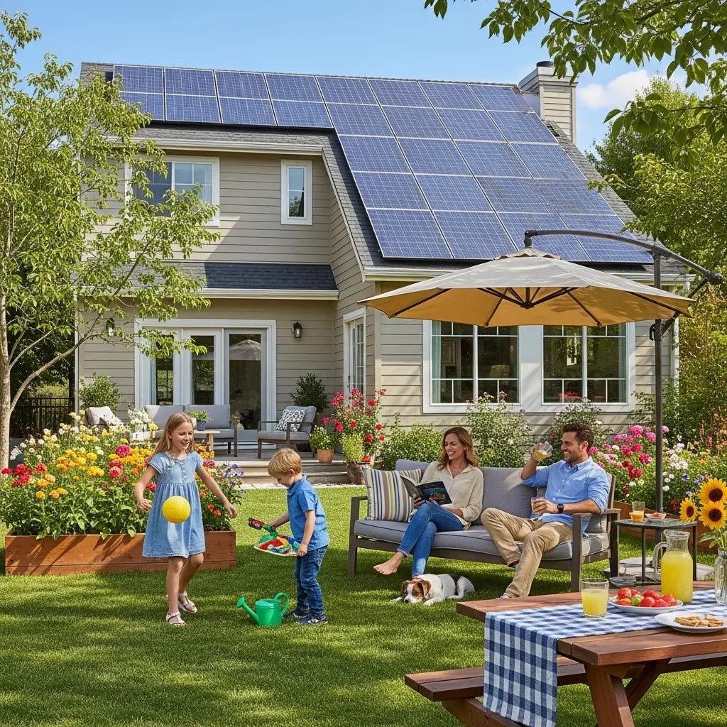 Family enjoying their backyard with solar panels, representing the lifestyle benefits of solar energy