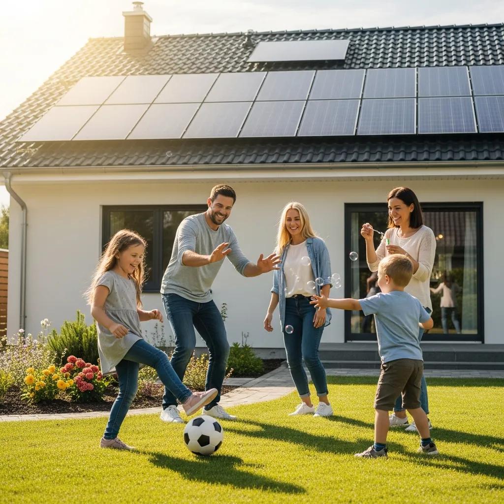 Family enjoying their home with solar panels, highlighting the benefits of solar energy