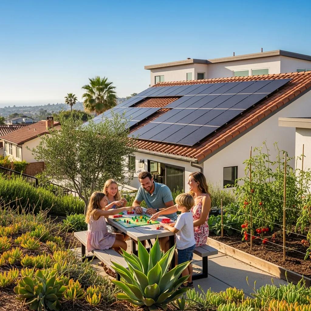 Family enjoying their home with solar panels, illustrating the benefits of solar energy