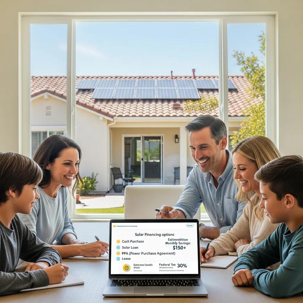 Family exploring solar financing options at home, emphasizing financial incentives for solar installation in Valley Center, CA