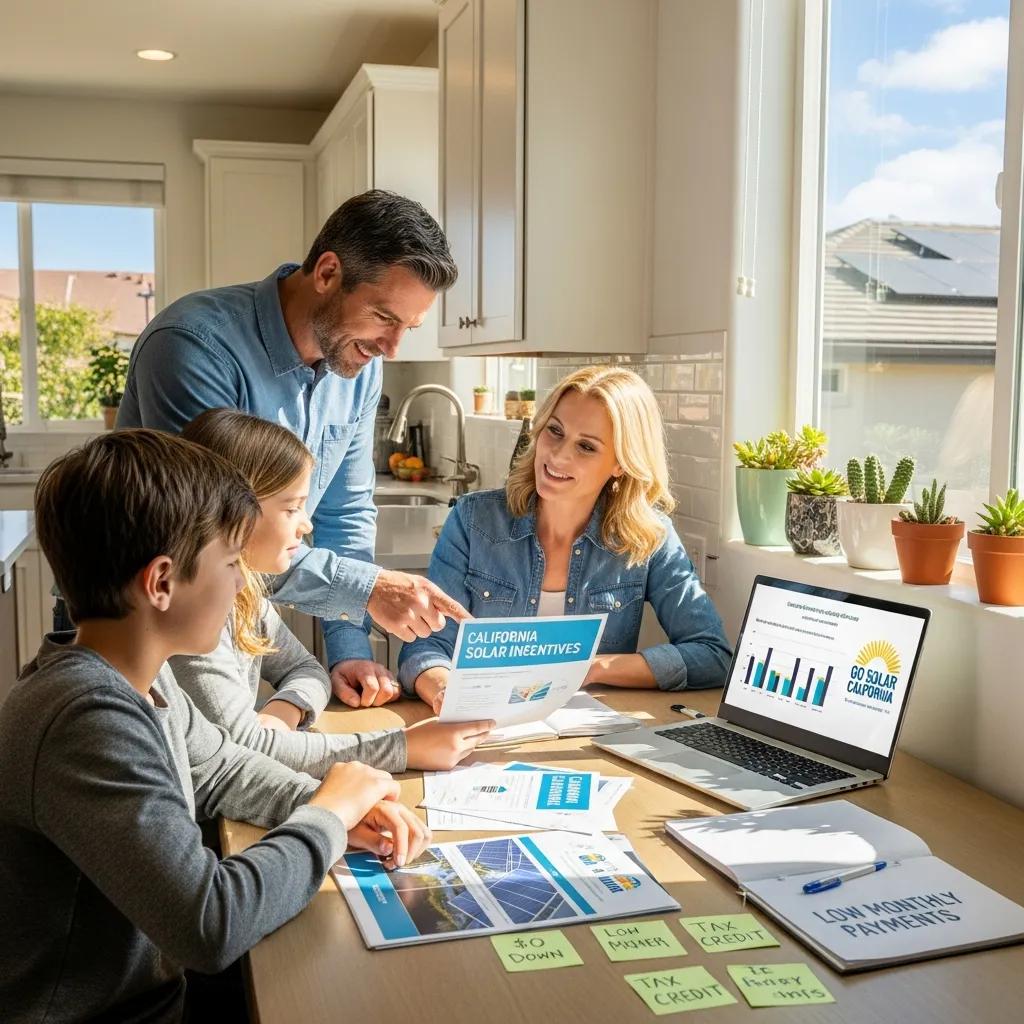 Family exploring solar incentives and financing options in California, promoting energy savings