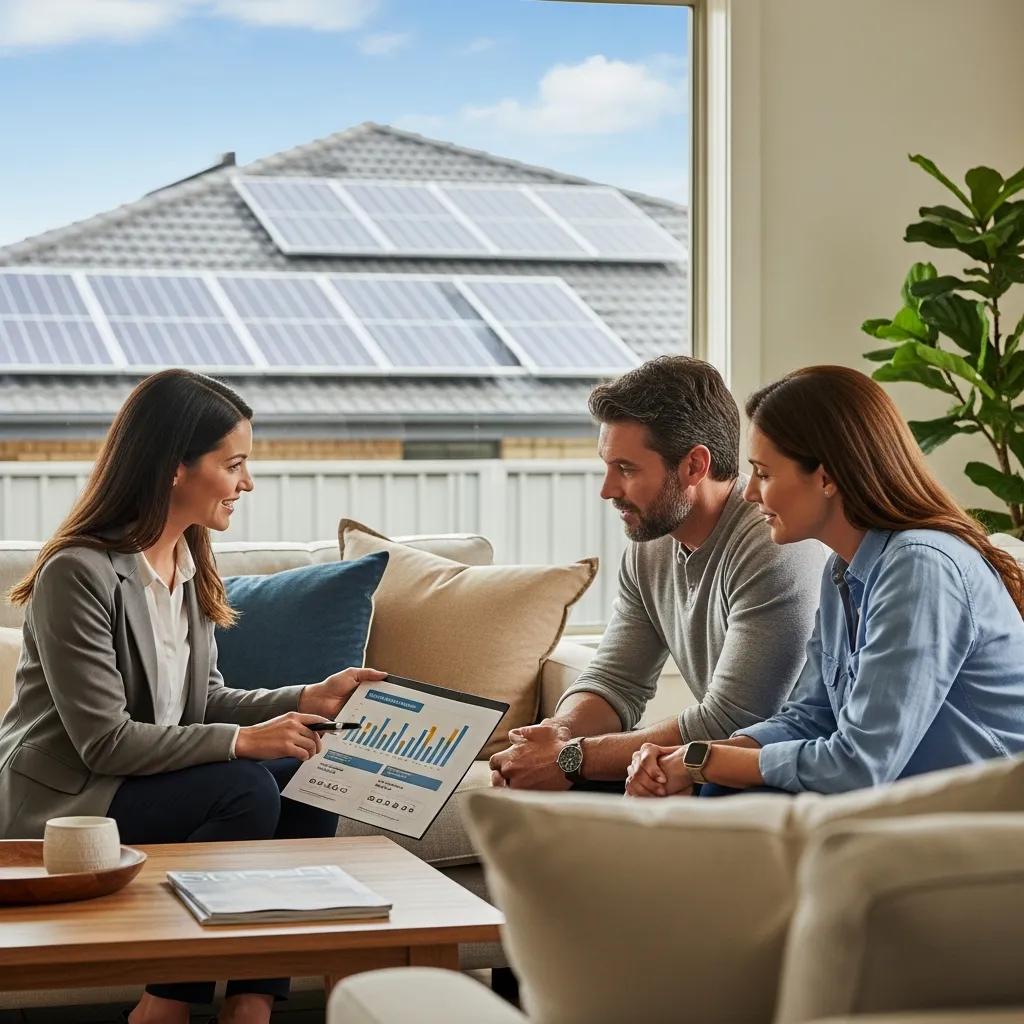 Financial advisor explaining solar financing options to homeowners, highlighting the benefits of solar energy investment