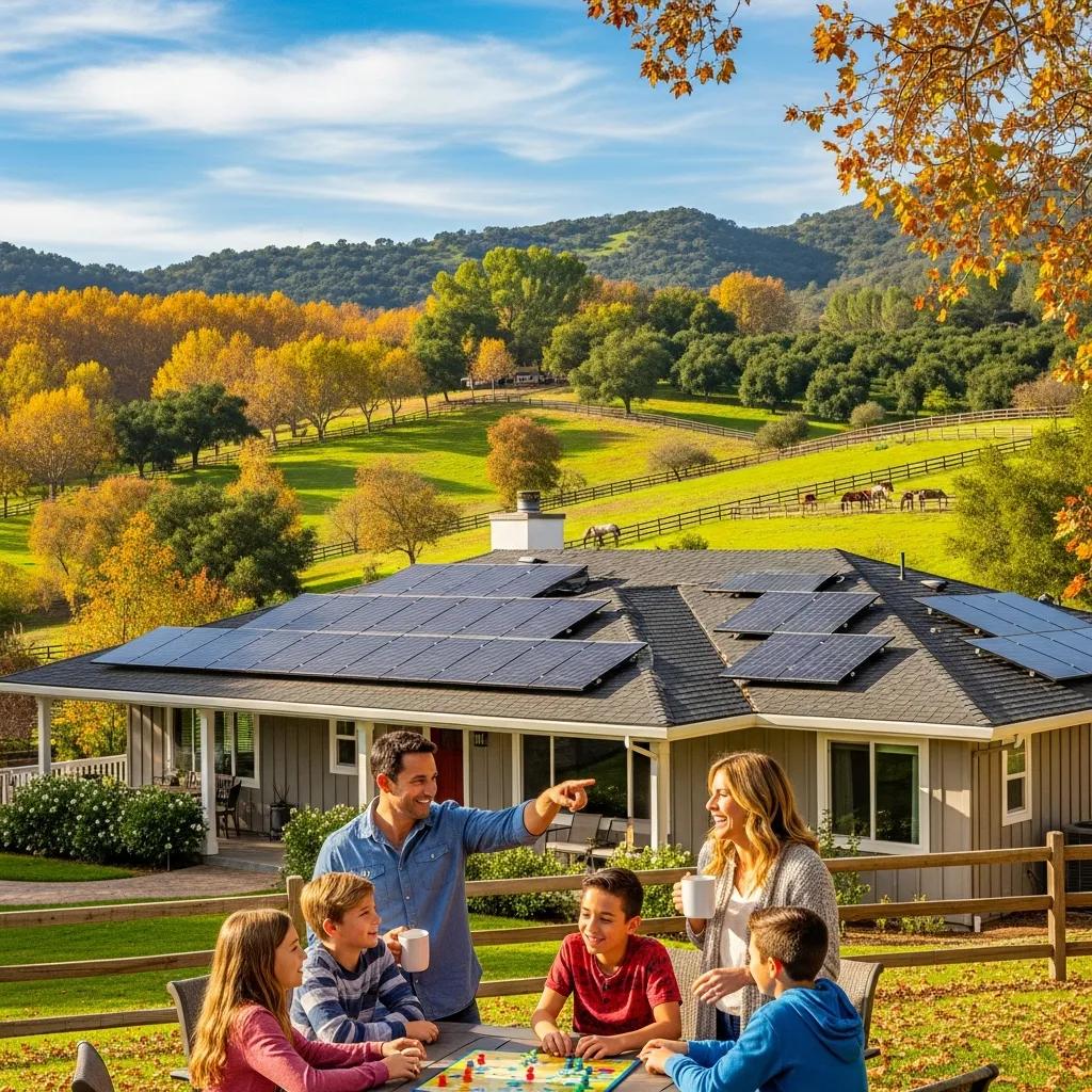 Happy family in Fallbrook, CA, enjoying their home with solar panels and a scenic agricultural backdrop