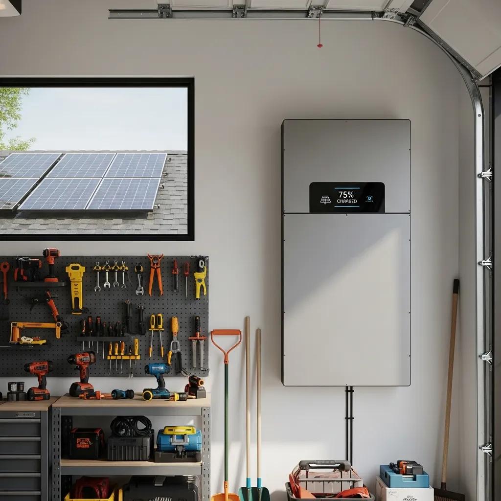 Home battery storage system integrated with solar panels, emphasizing energy independence and modern technology