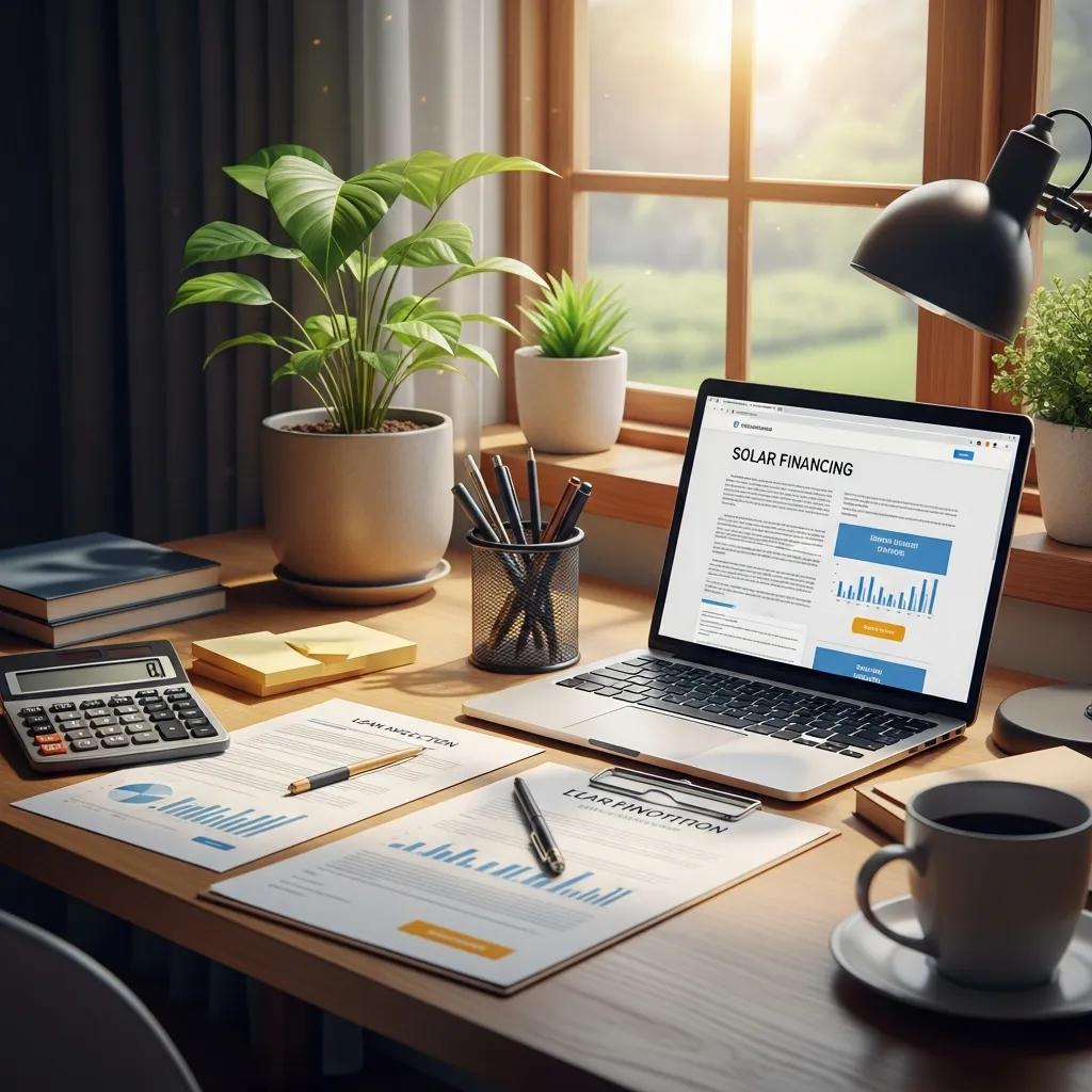 Home office scene with solar financing documents and calculator