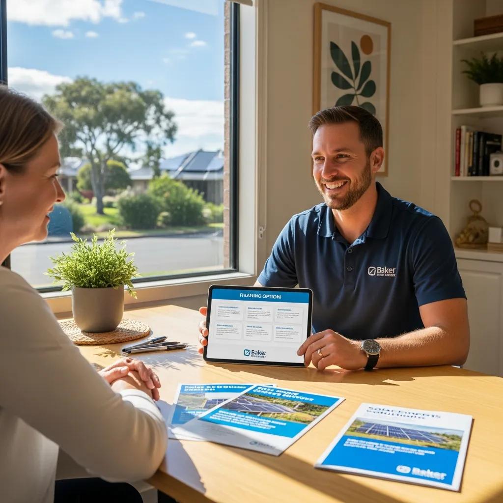Homeowner discussing solar financing options with a consultant, showcasing personalized service and support