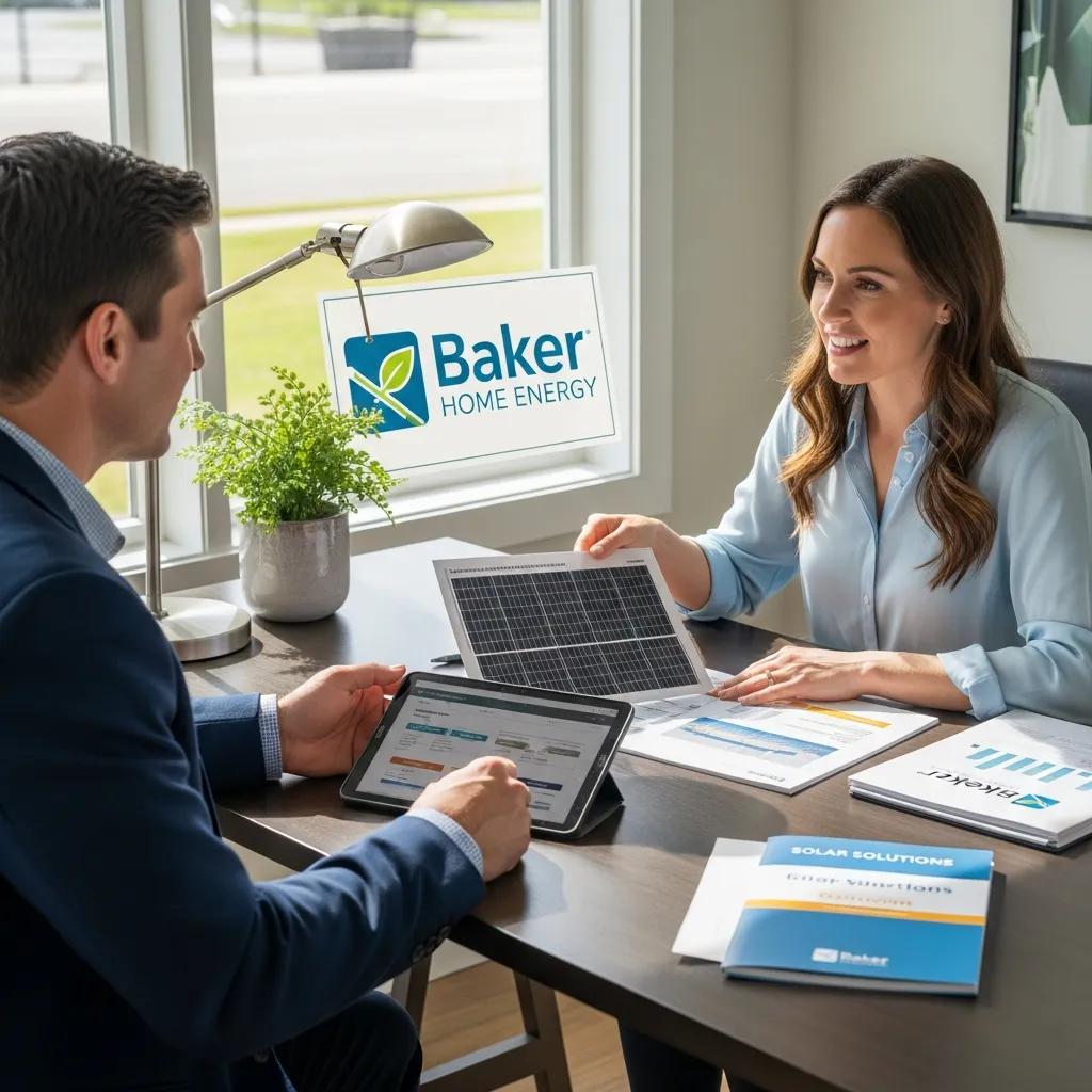 Homeowner discussing solar financing options with Baker Home Energy representative